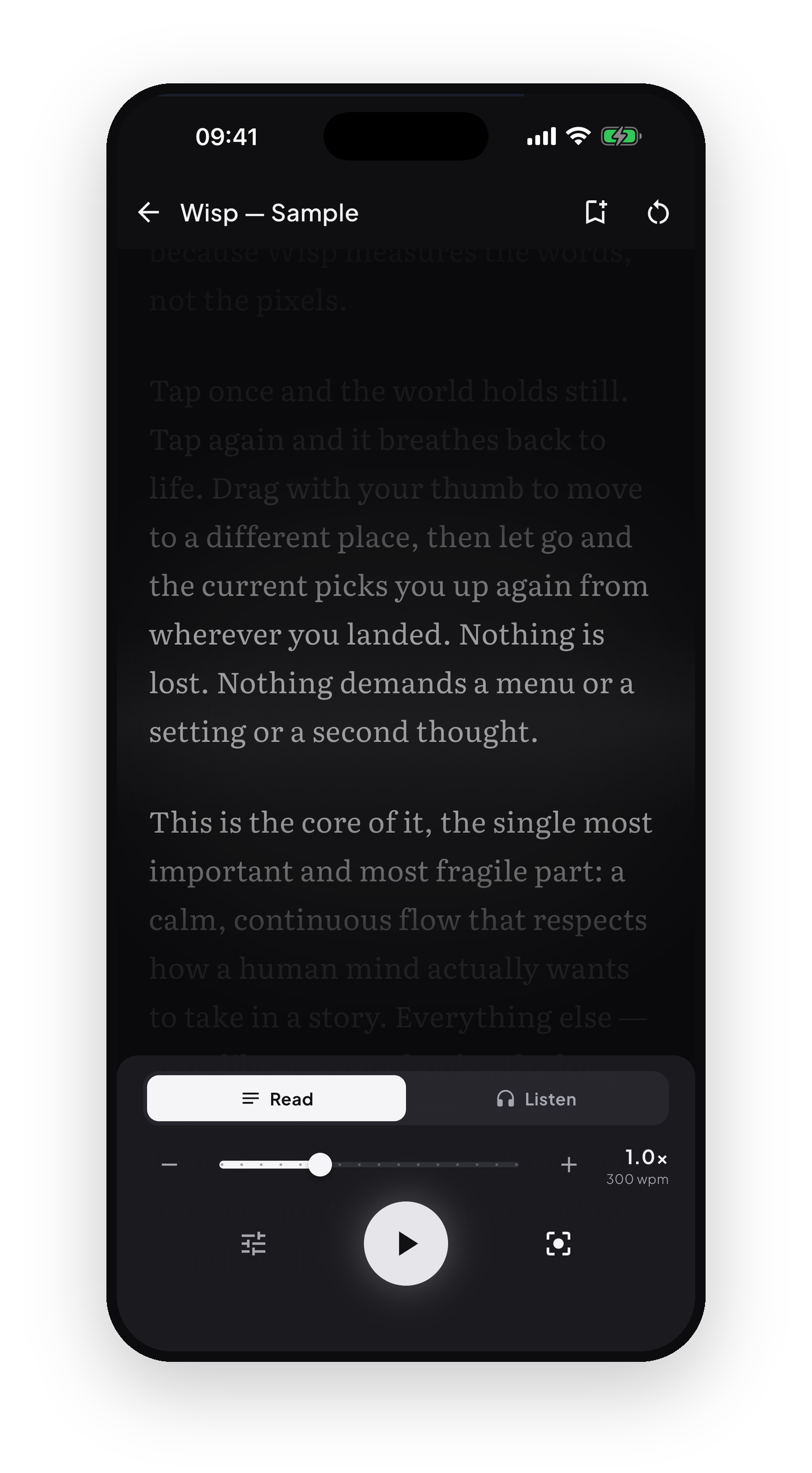 Wisp reader auto-scrolling a book with the speed control at the bottom